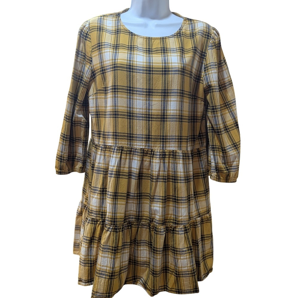 Urban Outfitters Plaid‎ Tiered Mini Babydoll Dress Yellow 3/4 Sleeve Size Large